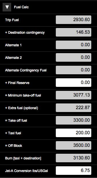 3.3 Fuel Calculation Detail 3.3.1 Main Menu - Click Prepare Plan. 3.3.2 Prepare Plan - Click Fuel. 3.3.3 This information is provided for reference and will correspond directly to Flight Log. 3.3.4 Final Reserve is calculated based on entered Alternates and Aircraft Setup.