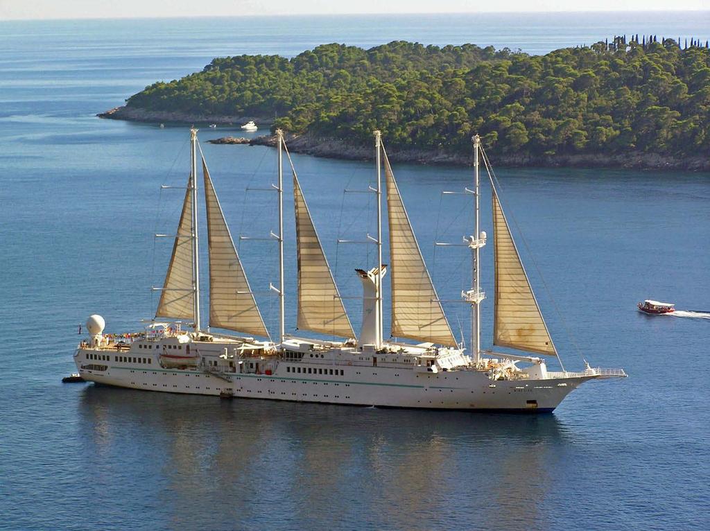 Wind Star Cruise ships, the Large and the Small ones SAILS: 6 triangular, selffurling, computer-operated sails with 21,500 square feet (or 2,200 square meters) of Dacron surface