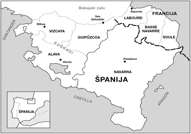 UVOD Ob obali Biskajskega zaliva leži gričevnata pokrajina, ki sega do francoskega mesta Bayonne na severu. To je domovina Baskov, ki jo sami imenujejo Euskadi ali Euskal Herria.