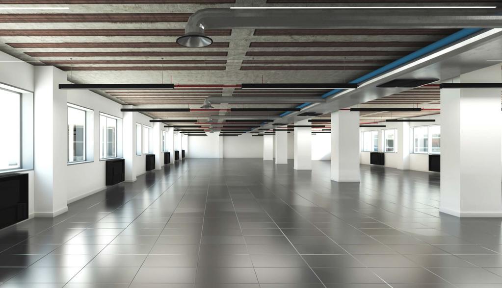 CONTEMPORARY OFFICE SPACE SPECIFICATION - Exposed ceiling with drop down LED lighting. - New fresh air supply. - New perimeter VRF air conditioning. - New raised floor.