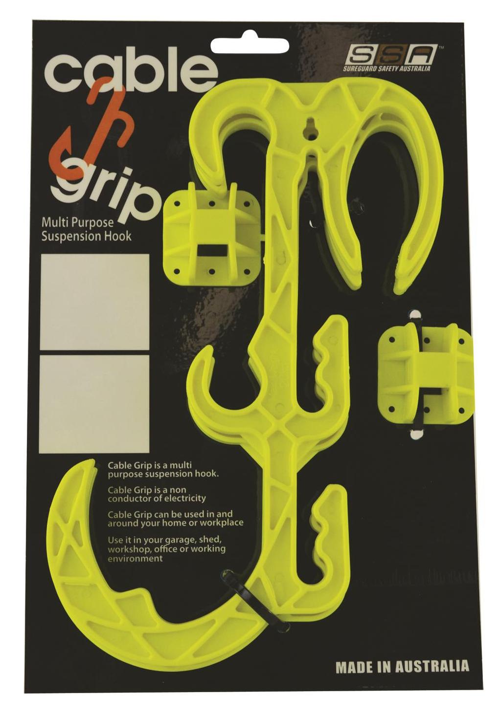 Detachable support bracket included to install Cable Grip to timber, plaster board, metal or concrete with correct anchors Cable Grip suspension hangers are used for suspending electrical leads and