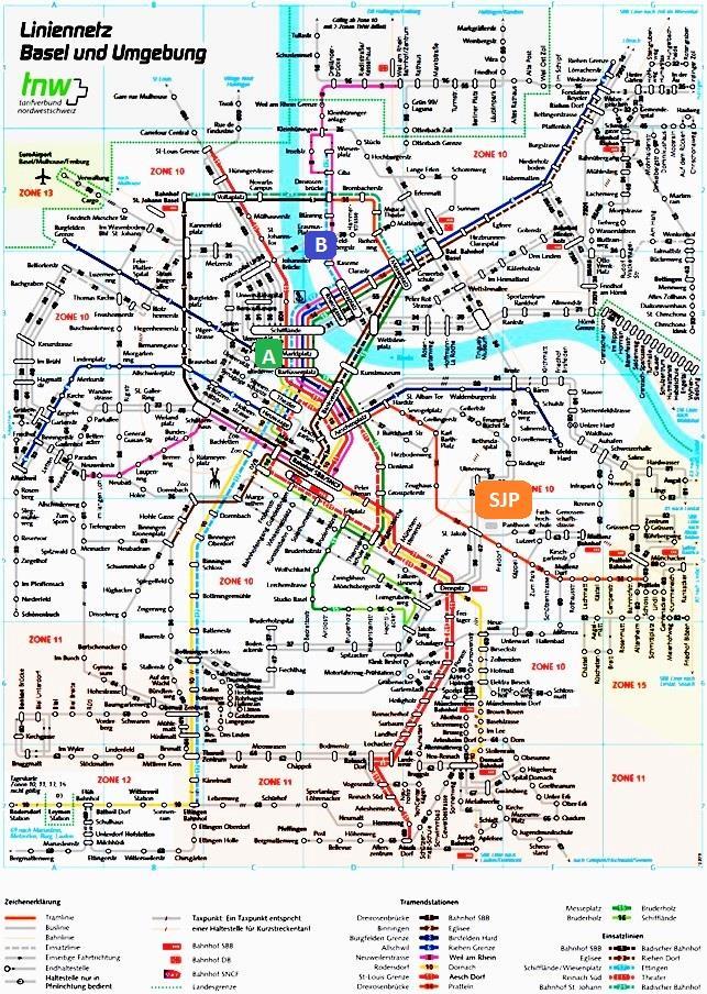 Overview of public transport with Fan Meeting Points and Stadium (A =