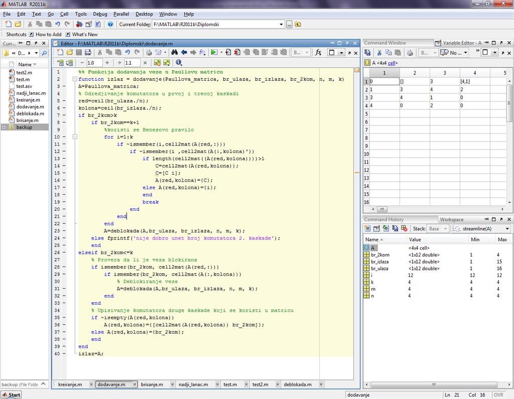 Slika 4.3. Prikaz funkcije dodavanje.m Dalje, idući kroz skriptu test.m se demonstrira rad funkcije deblokada.m. Po tekstu iz primera potrebno je deblokirati vezu (7,11).