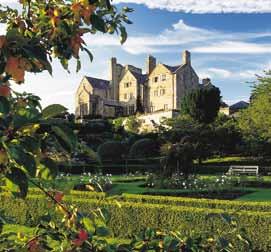 Beautiful gardens include a rare 17th century parterre of box hedges filled with sweet-scented herbs, a rockery with a cascade, a walled rose garden, and several follies.