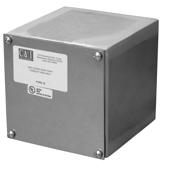 TYPE 12 SCREW COVER GASKETED BOXES Construction: C & I Enclosures Type 12 Screw Cover Gasketed Boxes are fabricated in accordance with U.L. specifications from code gauge material.