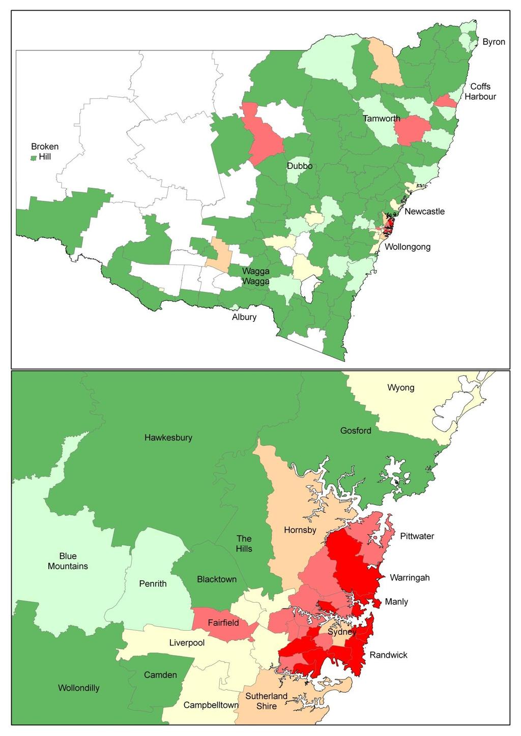 Maps 11 and 12: Percentage of residential & mixed use schemes registered* prior to 1979 for NSW and Sydney by LGA, January 2011