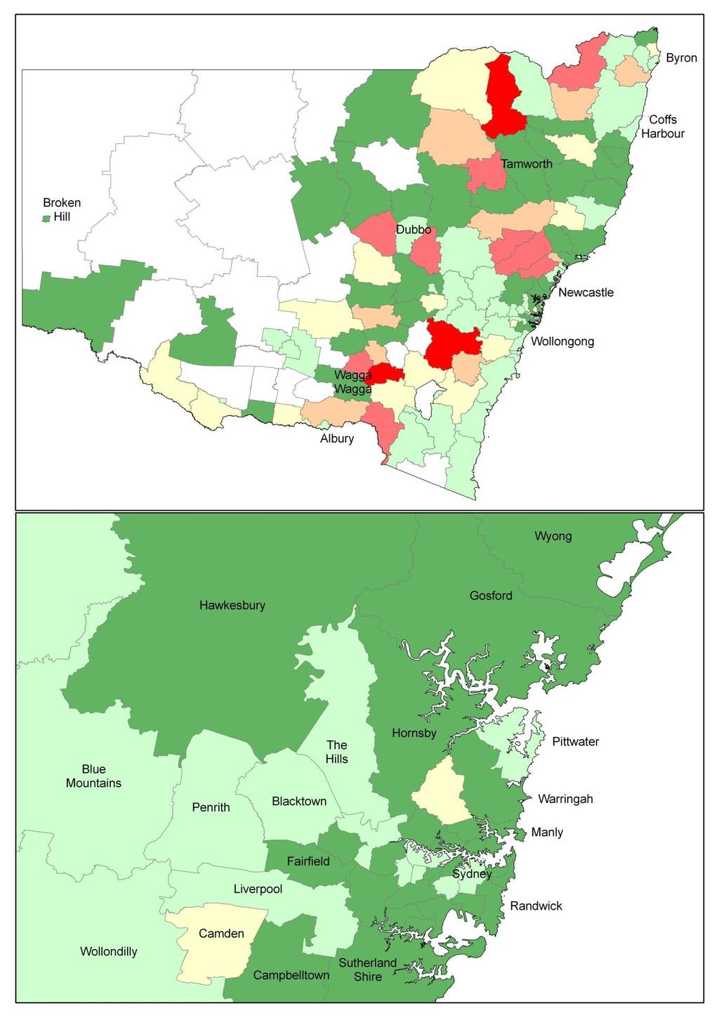 Maps 13 and 14: Percentage of residential & mixed use schemes registered* in the last 3 years for NSW and Sydney by LGA, January