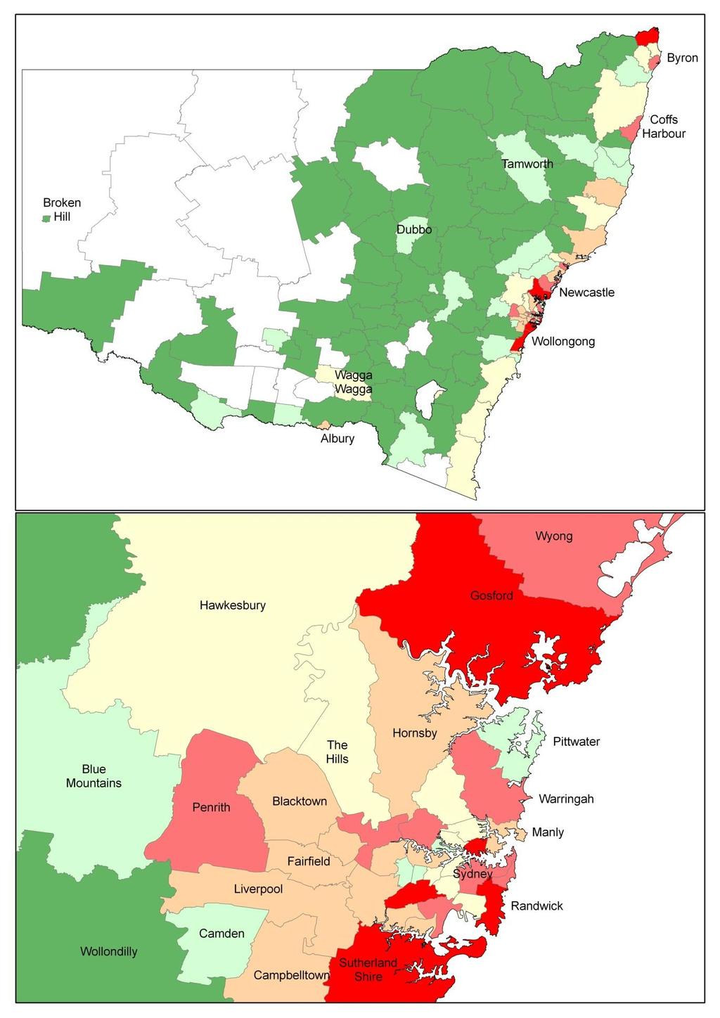 Maps 1 and 2: Number of residential and mixed use schemes* for NSW and Sydney by LGA,