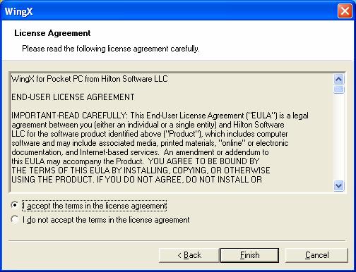 If you agree with the terms, select the I accept the terms in the license agreement option and click on Finish. WingX will then be installed onto your Pocket PC.