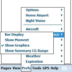 Weight and Balance: The options are: o Bar Display: A unique and information-rich view - the Bar Display presents the W&B information using bars and warns pilots of CGs that are close to, our out of,