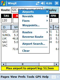 Popup Menu To both simplify and speed up route entry, WingX provides a popup menu for the route text box that is extremely useful when entering routes.