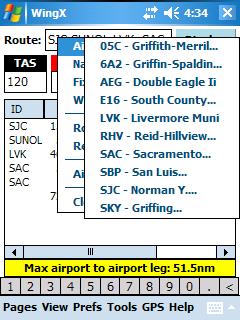 As can be seen from the screen shot on the right, the popup menu is divided into four sections: Most Recently Used Lists: Airports, Navaids, Fixes, and Waypoints Routes: Select, Save, Reverse, or