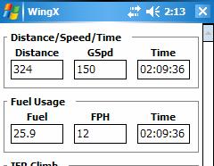 By entering any two of the three values, WingX will calculate the third. Example: The time to cover the 324 NM at 150 knots is 02:09:36.