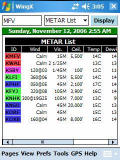 METAR List View WingX extracts important pieces of METAR information and displays them in an easy-to-read color-coded table with each METAR-reporting airport being displayed on a single line.