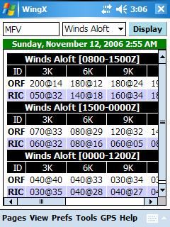 Winds Aloft View WingX displays winds aloft information of nearby winds aloft-reporting stations.