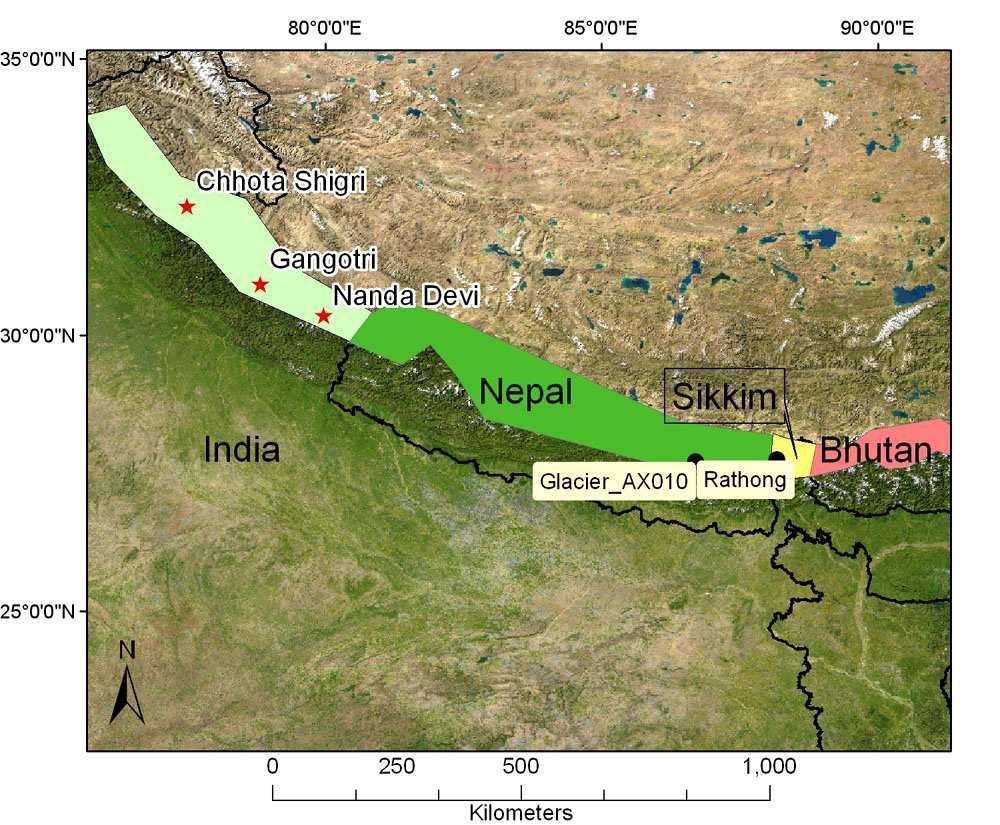 Sensors 2008, 8 3368 Ice Monitoring from Space (GLIMS) project. The Himalayan DAR consisted of four polygons covering glacierized areas in India, Nepal, Sikkim and Bhutan (Fig.