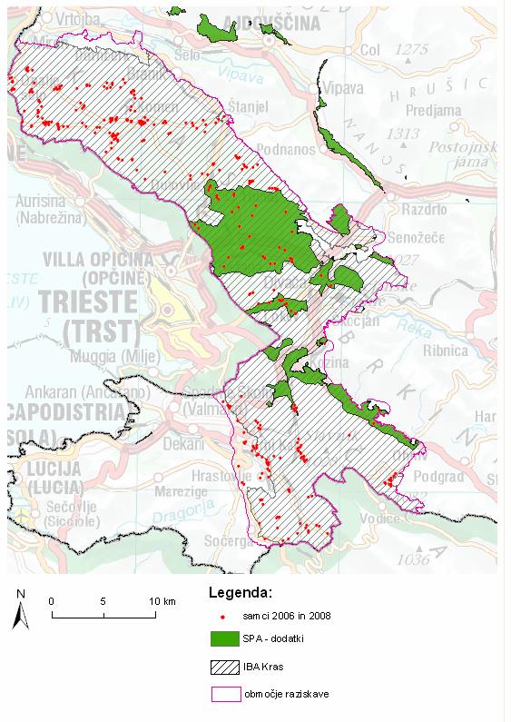 92 Prešnica t. i. območja spora t.i. območja spora z velikim številom samcev samci, ki niso niti v IBA Kras niti v SPA Kras Slika 20: Zeleno obarvana so t. i. območja spora, ki jih Slovenija ni razglasila za območja Natura 2000, so pa del IBA Kras (šrafirano).
