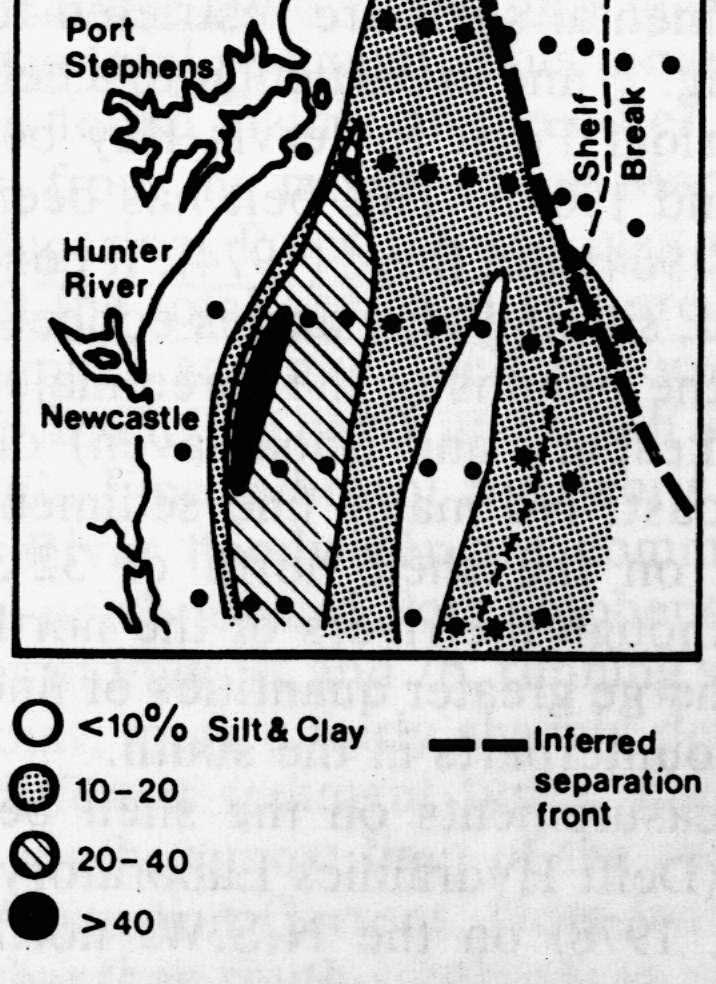 the percentage silt and clay in sediments from the NSW continental shelf: stippled areas,