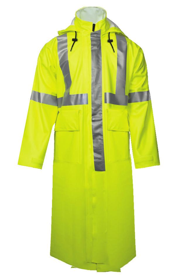 ARC H 2 O FLAME & ARC RESISTANT RAINWEAR 2 2 30 LONG ARC H 2 O FR RAIN JACKET R30RL05 49 LONG ARC H 2 O FR TRENCH COAT R31RL06 Fluorescent Yellow PU/FR Cotton Knit 100% Waterproof with welded