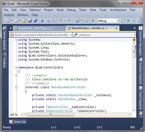 Захтеви Слика 8: Уређивање кода у програмском пакету Visual Studio 2010 Функционалности које ће имати QLab везане за уређивање кода су следеће: Преламање текста Када дужина линија кода пређе тренутну