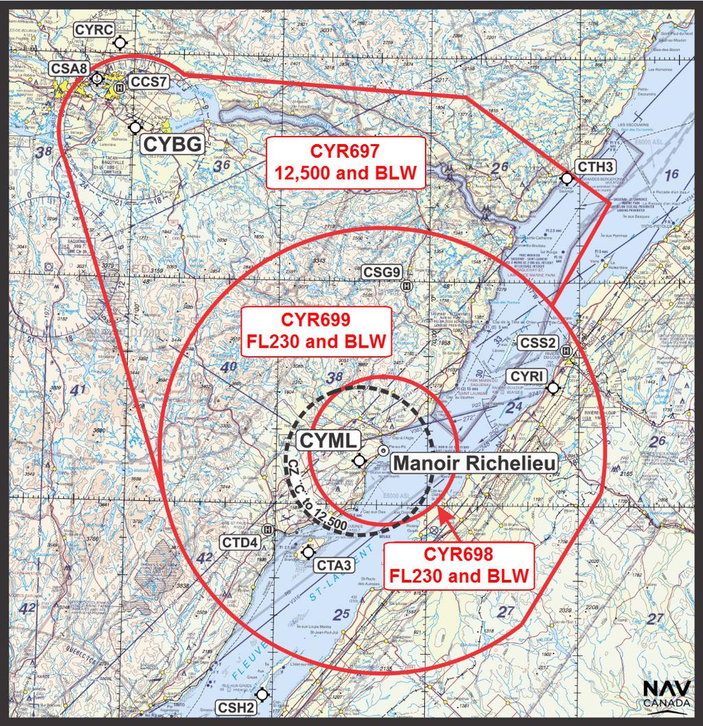 29 MAR 18 2.4 Temporary Class C Military Control Zone Gypsy Control Zone Description: A ring, with a radius of 10 NM, centered on CYML airport, 12 500 ft ASL and below.
