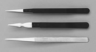 Three shapes are available, straight pointed, curved or serrated, on either a special aluminium alloy or polyacetal shank. The straight pointed tweezers are also available on a stainless steel shank.