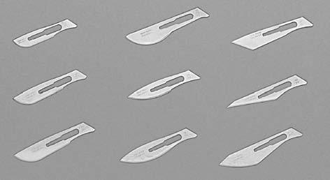 3, plus 1 blade each of shape 10, 10A, 11, 12 and 15 Sterile carbon steel blades are available, individually packed and supplied in sets of five.