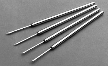 Dissecting needle These dissecting needles have a sharp knife edge on a pin shank, mounted in an aluminium handle.