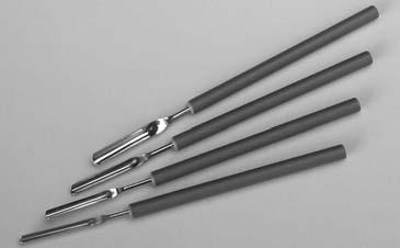 Micro powder spatulas A set of four 150 mm long stainless steel micro powder spatulas with black plastic handles are available. They have a curved form, and are ideal for handling powders.