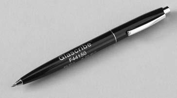 Chinagraph pencils These are useful for writing on polished surfaces, including glass. T5354 Chinagraph pencils, black. Pack of 12 Glass scribe This clips to a pocket like a ballpoint pen.