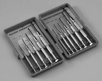 Screwdrivers This quality miniature precision jeweller s screwdriver set contains straight blade and crosshead screwdrivers with nickel-plated bodies, blackened steel shafts and revolving heads for