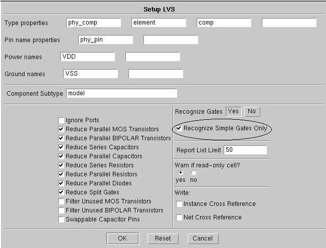 Slika 4.34. Parametri postavljanja LVS testa Kao rezultat LVS testa dobija se izveštaj o eventualnim greškama vezanim za lejaut u vidu tekstualnog fajla.