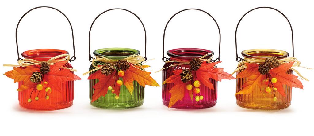 U U. FALL GLASS VASES WITH LEAF AND PINECONE ACCENT 23/4"