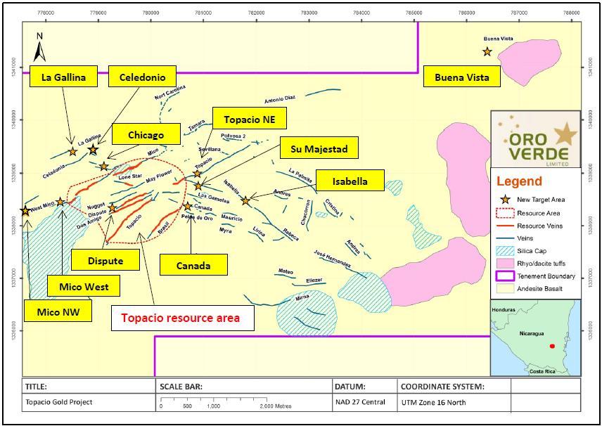 Topacio Gold Project - New targets defined by OVL in 2015 35km of mapped veins but only 4km included in current resource Rock chip sampling outlined numerous high grade gold mineralised targets Best