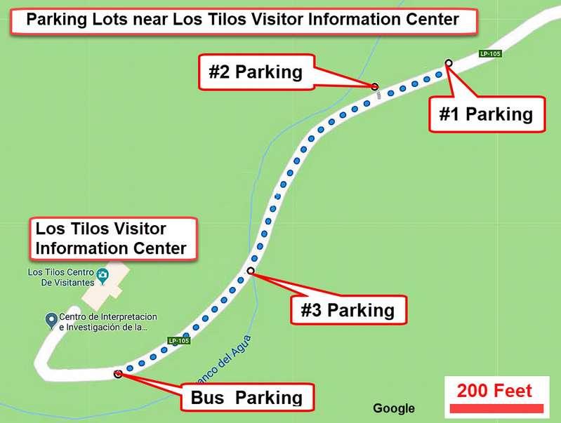 Tour buses park in one lane of the road near the Visitor Information Center. The map below shows the parking areas. Note the scale of 200 feet. The road goes up/down through the hills.