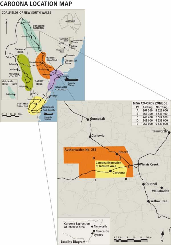 32 Caroona Coal Project Gunnedah Basin 350km 2 Exploration Area 260km to Newcastle Port BHP Billiton won competitive tender from NSW Government Too