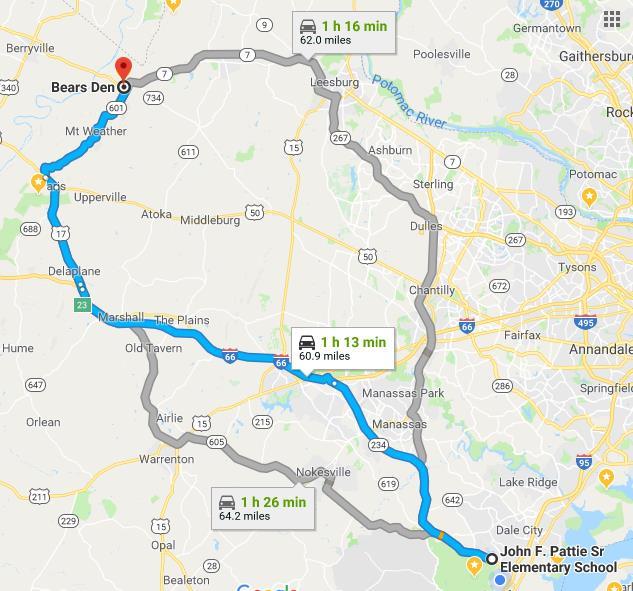 Directions to Bears Den 18393 Blue Ridge Mountain Rd, Bluemont, VA 20135 1) Take a right out of Pattie onto Route 234 2) Get on I-66W towards Front Royal 3) Take exit 23 for US-17N/VA-55W