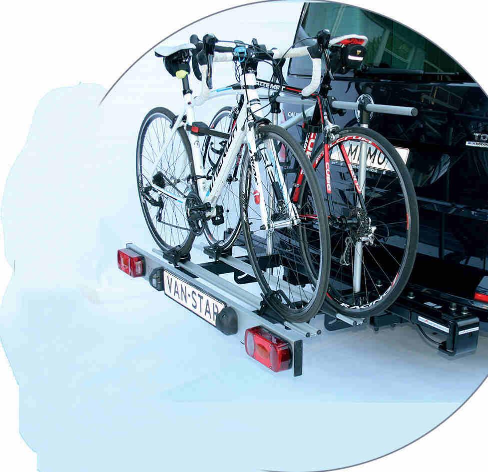 BICYCLE CARRIER FOR VOLKSWAGEN T5/T6 (VAN CONVERSIONS) Specifications: Net weight: 45 kg Payload: 60 kg (suitable for 2 E-bikes) Material: galvanized and powdercoated steel with