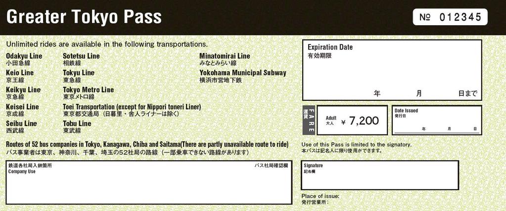 March 1, 2018 Greater Tokyo Pass Council 64 railway and bus companies in the Kanto region established the Greater Tokyo Pass Council Unlimited Rides on Railways of 12 Participating Private Railway
