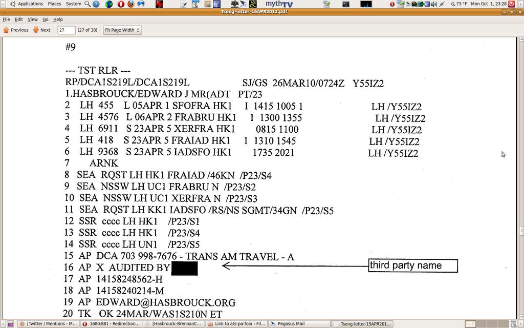 This PNR from my ATS file with CBP includes the details of