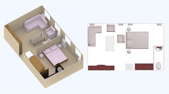 Suite: 2-bed cabin with separate bedroom and lounge area, around 30 square