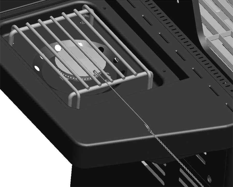 Immediately place the lit match through the 20mm hole on the side of the grill body, nearest the left burner. Make sure the lit match is close to the burner ports. 4.