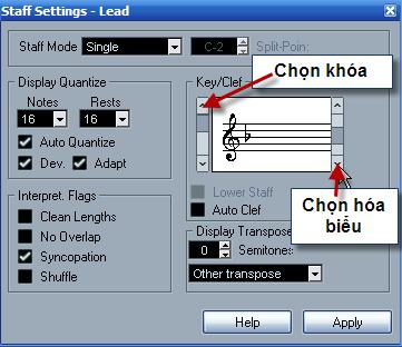 Mục Staff Mode cho phép ta chọn định dạng khuông nhạc là dòng đơn (khóa son) hay dòng kép Piano (khóa son và khóa pha).