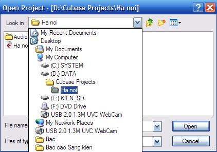 Muốn mở lại dự án này ta vào File Open. Sau đó mở lần lượt đường dẫn đến tập tin dự án này: D:\Cubase Projects\Ha noi 4.