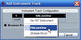 Chương trình sẽ hiện bảng như dưới đây: Trong mục Instrument ta chọn một nhạc cụ ảo VST chẳng hạn như HALionOne rồi nhấn Browse Preset để chọn tiếng.