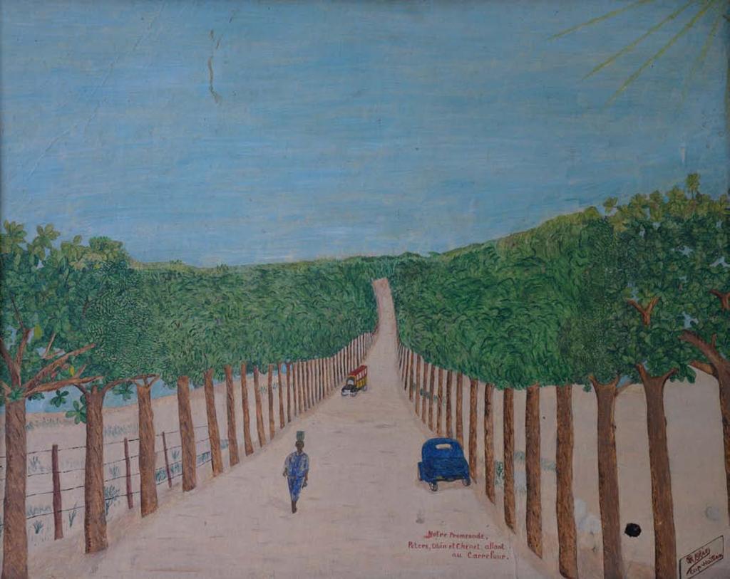 Notre Promenade, Peters, Obin et Chenet allant au Carrefour Philomé Obin, circa 1950 Oil on chipboard Permanent