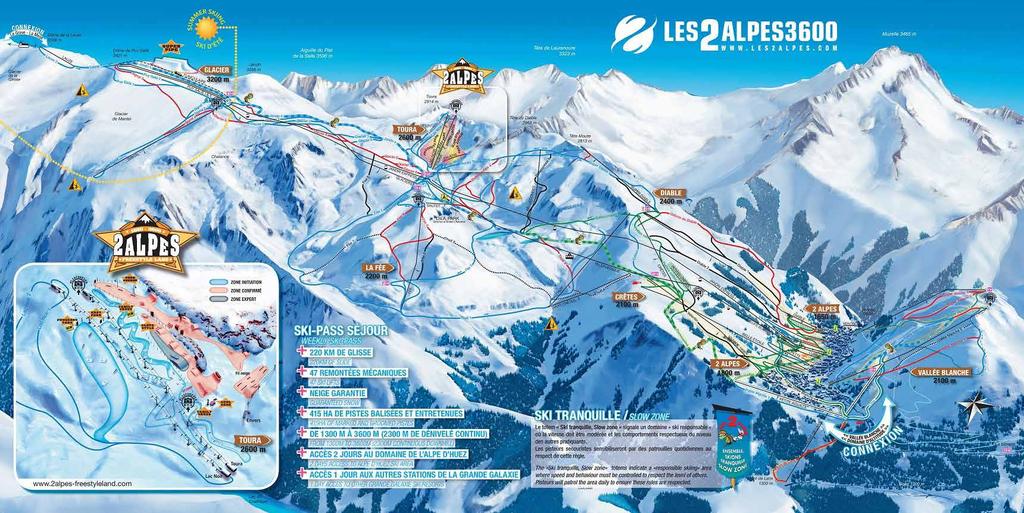 THE SKI AREA FUTURE DEVELOPMENTS a 96 slopes a 200 km of slopes a 415 ha ski area a 47 Ski lifts a 1 snow-park a Ski pass : from 35,70 to 49 The objective of the Alpe d Huez and the 2 Alpes resorts