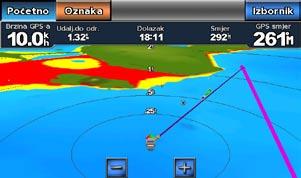 Pomorski način rada: Navigacija Izravni kurs Ispravljeni kurs Praćenje izravnog kursa na zaslonu 3D Mariner s Eye Napomena: Dok pratite kurs, važni navigacijski podaci prikazat će se u traci s