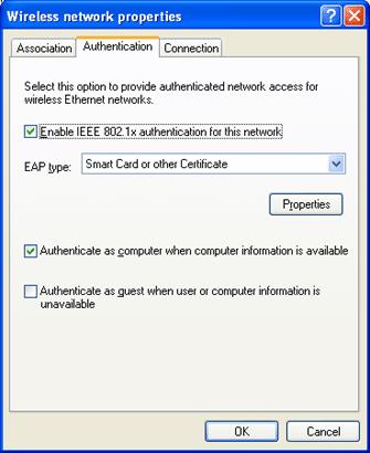 Dostupne su slijedeće metode: EAP-TLS metoda autentikacija pametnom karticom ili certifikatom (standardno podešena) i PEAP metoda Microsoft PEAP autentikacija.