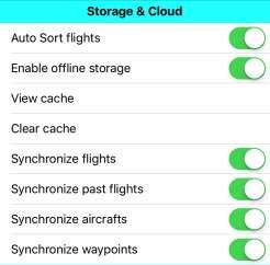 Synchronization, Flight Recording, Flight Simulation, ADS-B Traffic/Weather receiver and the use of external GPS Storage & Cloud In the Storage & Could submenu, you could manage the cache storing